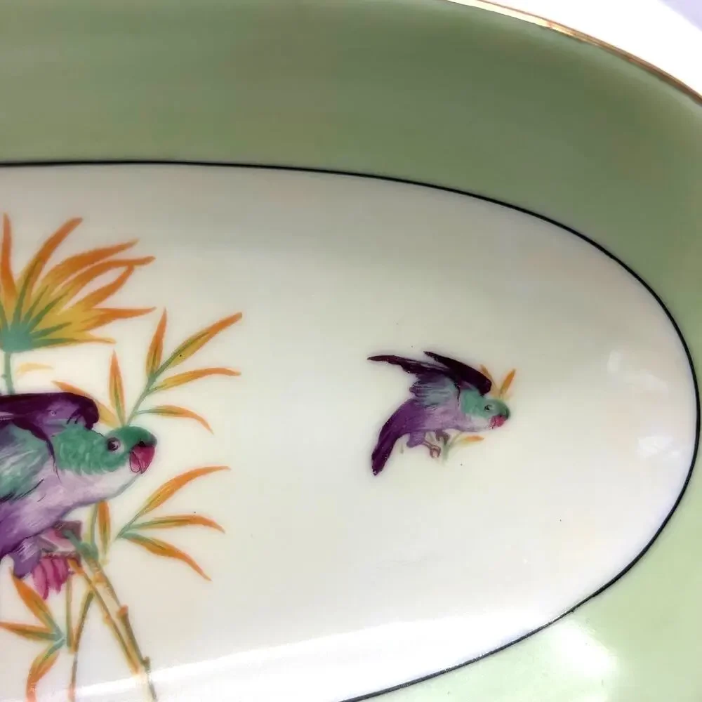Antique 1920's Moschendorf Bavaria Green Yellow Birds‎ Platter/Celery Dish